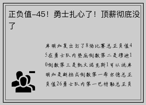 正负值-45！勇士扎心了！顶薪彻底没了